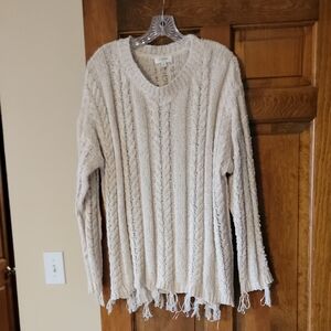 Umgee Cream Fringed Cable Knit Sweater